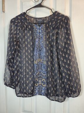 Lucky Brand Paisley Print Chiffon Sheer Blouse Navy Blue Size Small